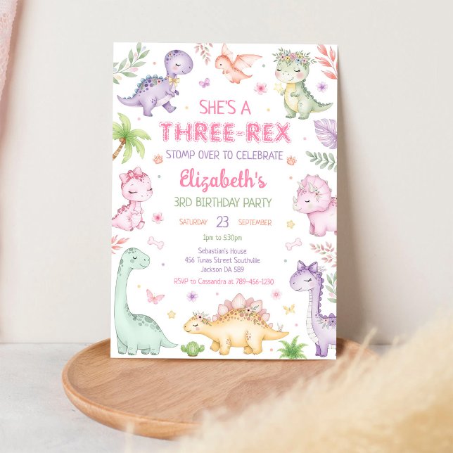 Pastel Dinosaur Three Rex Girl 3rd Birthday Invitation (Creator Uploaded)