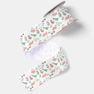 Pastel Dinosaurs on White Background Satin Ribbon