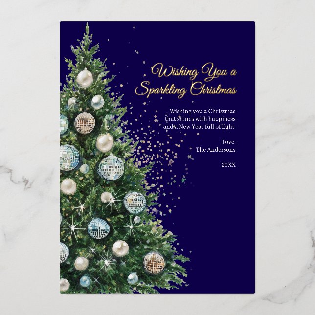 Pastel Disco Ball Ornament Christmas Tree Photo Foil Holiday Card (Front)