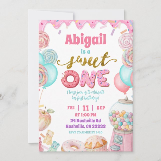 Pastel Donut SweetOne First Birthday party Invitat Invitation (Front)