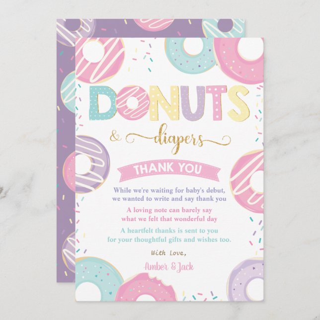 Pastel Doughnuts and Diapers Doughnuts Baby Shower Thank You Card (Front/Back)