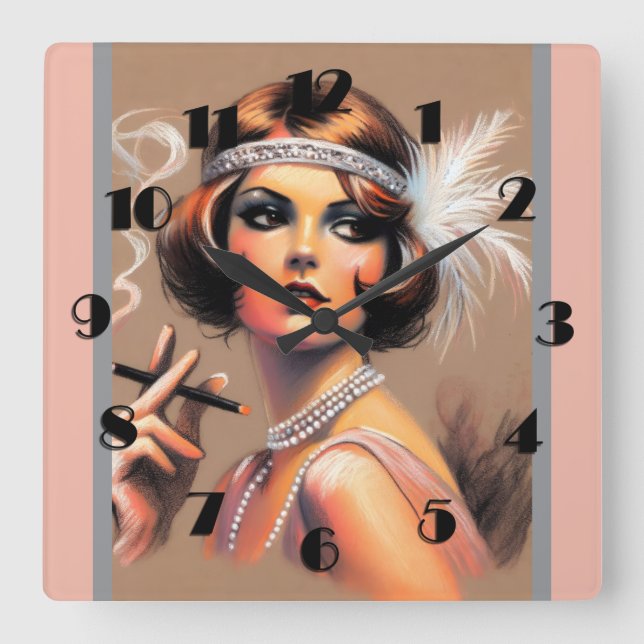 Pastel Drawing 1920's Flapper Girl Smoking II Square Wall Clock (Front)