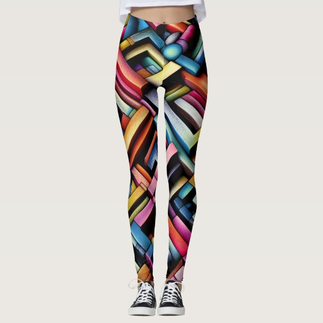 Pastel Drawing Abstract Dimensional Geometric Leggings (Front)