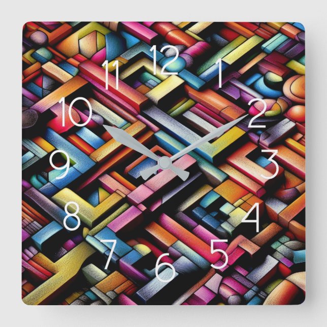 Pastel Drawing Abstract Dimensional Geometric Square Wall Clock (Front)
