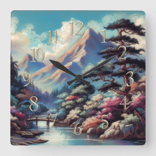 Pastel Drawing Ancient Asian Landscape Mountain Square Wall Clock