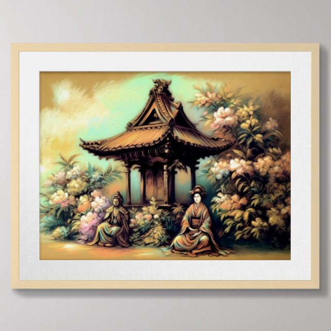 Pastel Drawing Ancient Pagoda Flowering Bush Poster (Creator Uploaded)