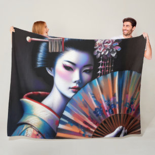Pastel Drawing Beautiful Japanese Woman Fan Fleece Blanket