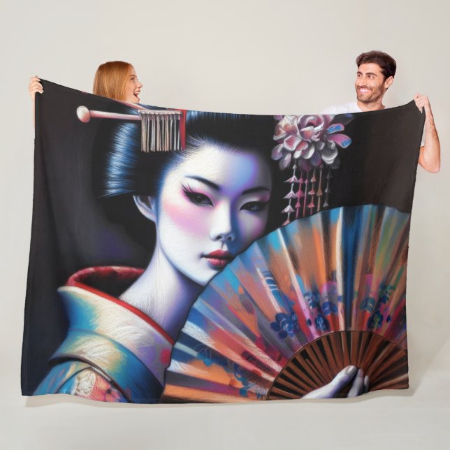 Pastel Drawing Beautiful Japanese Woman Fan Fleece Blanket (In Situ)