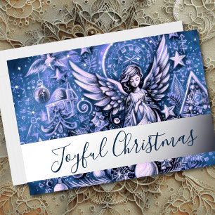 Pastel Drawing Blue Christmas Angel Foil Holiday Card
