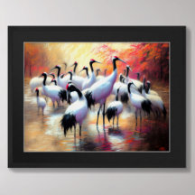 Pastel Drawing Chinese Red-Crowned Cranes Feeding
