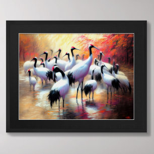 Pastel Drawing Chinese Red-Crowned Cranes Feeding Poster