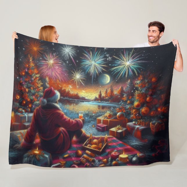 Pastel Drawing Christmas Holiday Santa Fleece Blanket (In Situ)