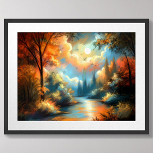 Pastel Drawing Colourful Landscape River Trees Sky Poster