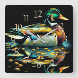 Pastel Drawing Duck on Water Square Wall Clock