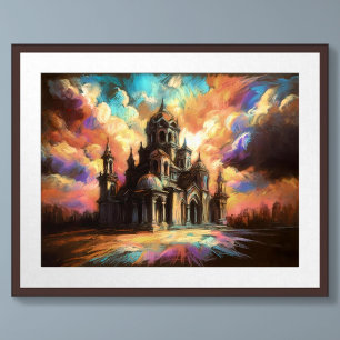 Pastel Drawing Eastern Style Building Fantasy Sky Poster