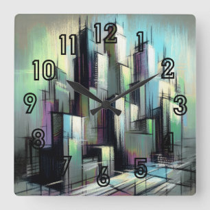Pastel Drawing Futuristic City Abstract Square Wall Clock