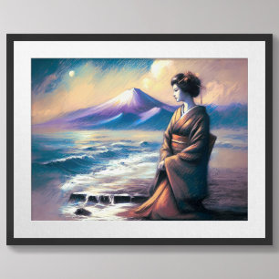 Pastel Drawing Geisha Ocean Fuji Poster