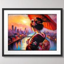 Pastel Drawing Geisha Sunset Umbrella