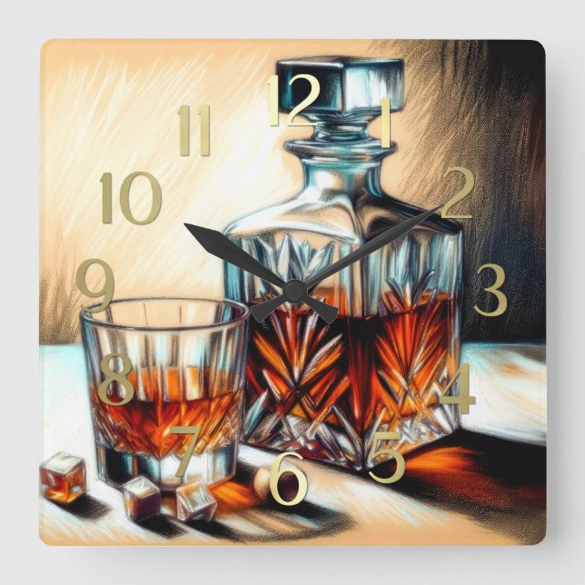 Pastel Drawing Glass of Liquor Crystal Decanter Square Wall Clock (Front)