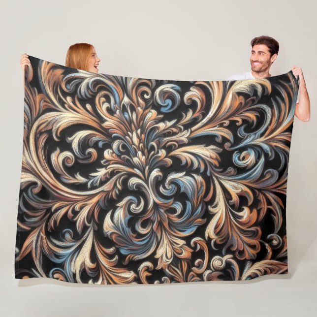 Pastel Drawing Gold Blue Damask Fleece Blanket (In Situ)
