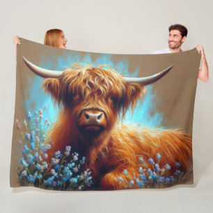 Pastel Drawing Highland Cow Blue Flowers Fleece Blanket