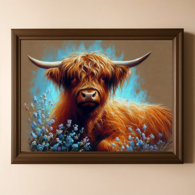 Pastel Drawing Highland Cow Blue Flowers Poster (Creator Uploaded)