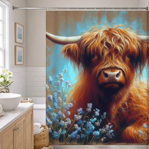 Pastel Drawing Highland Cow Blue Flowers Shower Curtain