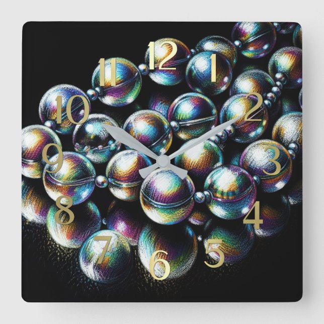 Pastel Drawing Iridescent Beads on Black Square Wall Clock (Front)