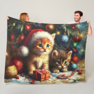 Pastel Drawing Kittens Christmas Fleece Blanket