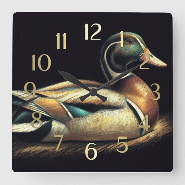 Pastel Drawing Mallard Duck Decoy Square Wall Clock (Front)