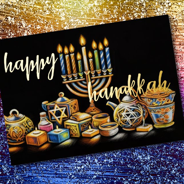Pastel Drawing Menorah Hanukkah Candles Foil Holiday Card (Creator Uploaded)