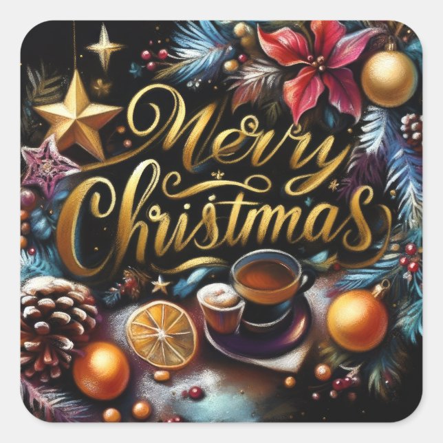 Pastel Drawing of a Christmas Whimsical Square Sticker (Front)
