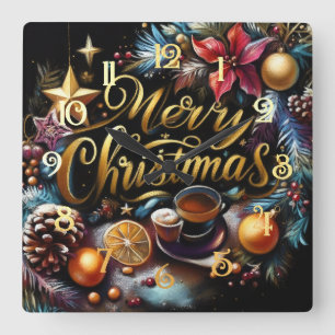 Pastel Drawing of a Christmas Whimsical Square Wall Clock