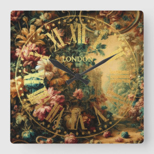 Pastel Drawing of an Antique Tapestry Cloth Square Wall Clock