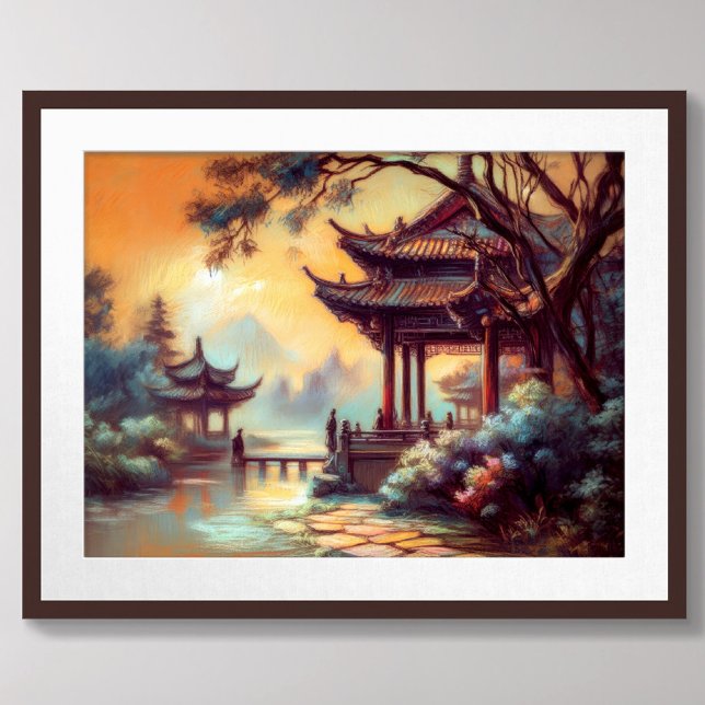Pastel Drawing of Ancient Chinese Pagoda Village Poster (Creator Uploaded)