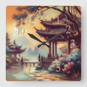 Pastel Drawing of Ancient Chinese Pagoda Village Square Wall Clock