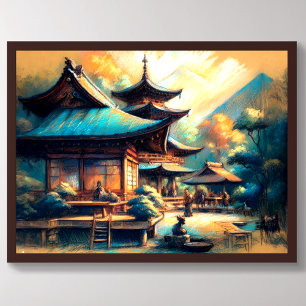 Pastel Drawing of Ancient Chinese Village Poster