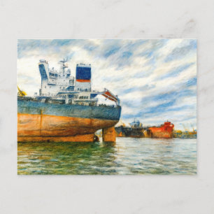 Pastel drawing of cargo ship in Danzig sea harbor Holiday Postcard