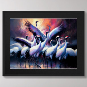 Pastel Drawing of Chinese Red-Crowned Cranes Flock Poster
