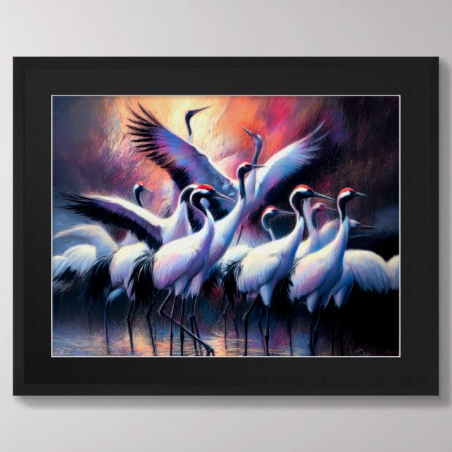 Pastel Drawing of Chinese Red-Crowned Cranes Flock Poster (Creator Uploaded)