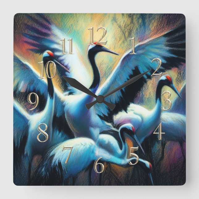 Pastel Drawing of Chinese Red-Crowned Cranes Square Wall Clock (Front)