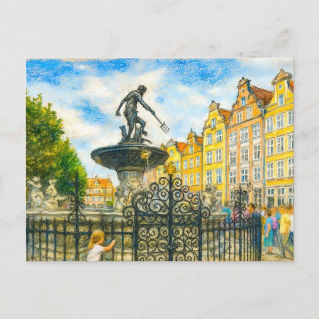 Pastel drawing of Danzig’ Neptune Fountain on Long Holiday Postcard (Front)