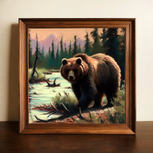 Pastel Drawing of Grizzly Bear in Nature Poster