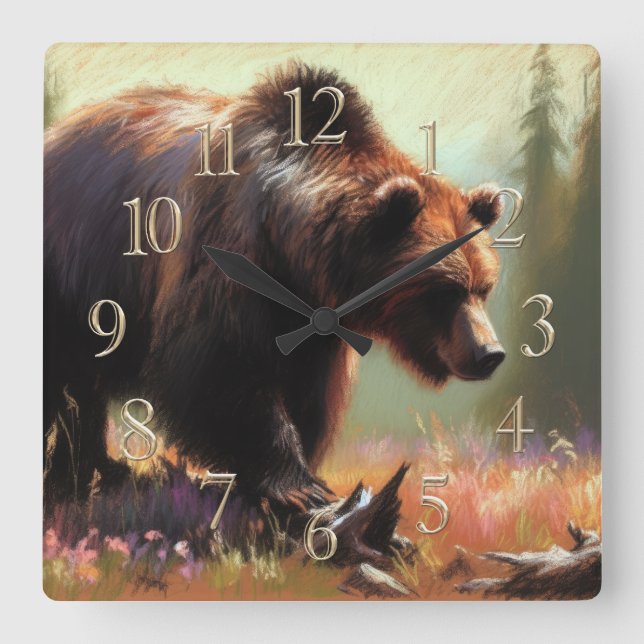 Pastel Drawing of Grizzly Bear in Nature Square Wall Clock (Front)