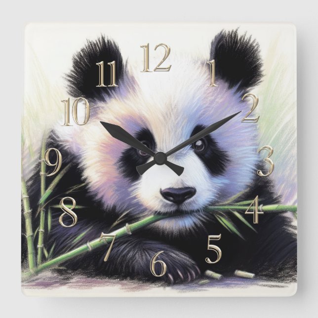 Pastel Drawing of Panda Bear Bamboo II Square Wall Clock (Front)