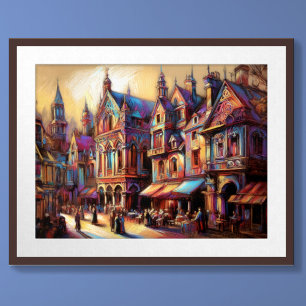 Pastel Drawing Old European Town Poster