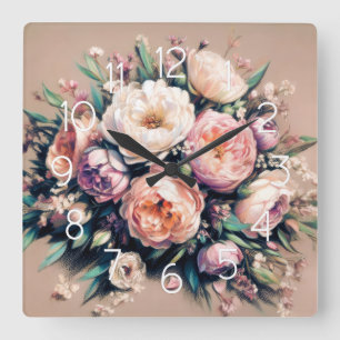 Pastel Drawing Peony Bouquet Pink Wall Clock