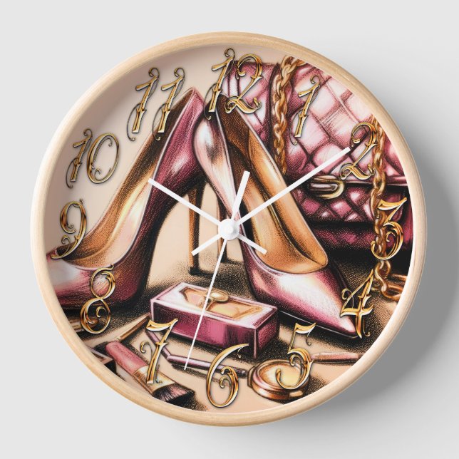 Pastel Drawing Pink Heels Purse Cosmetics Clock (Front)