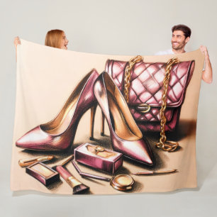Pastel Drawing Pink Heels Purse Cosmetics Fleece Blanket