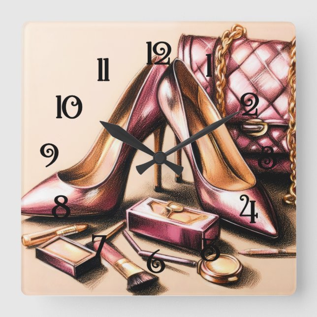 Pastel Drawing Pink Heels Purse Cosmetics Square Wall Clock (Front)